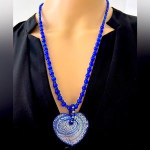Handmade Blue Glass Beaded Necklace with Murano Glass Pendant